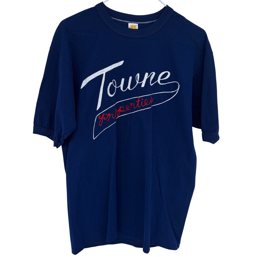 Vintage‎ 70s Russell Athletic Embroidered Mesh Jersey Shirt Large Navy Blue